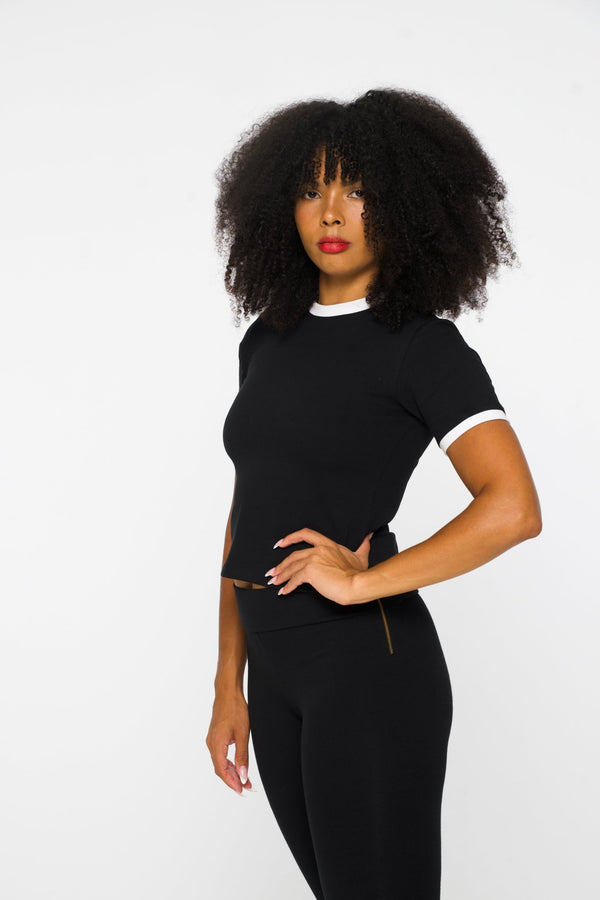 Core Tee Mid Crop Top in Black with White Rib - Manners London