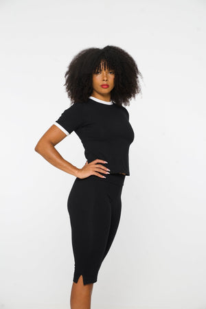 Core Tee Mid Crop Top in Black with White Rib - Manners London