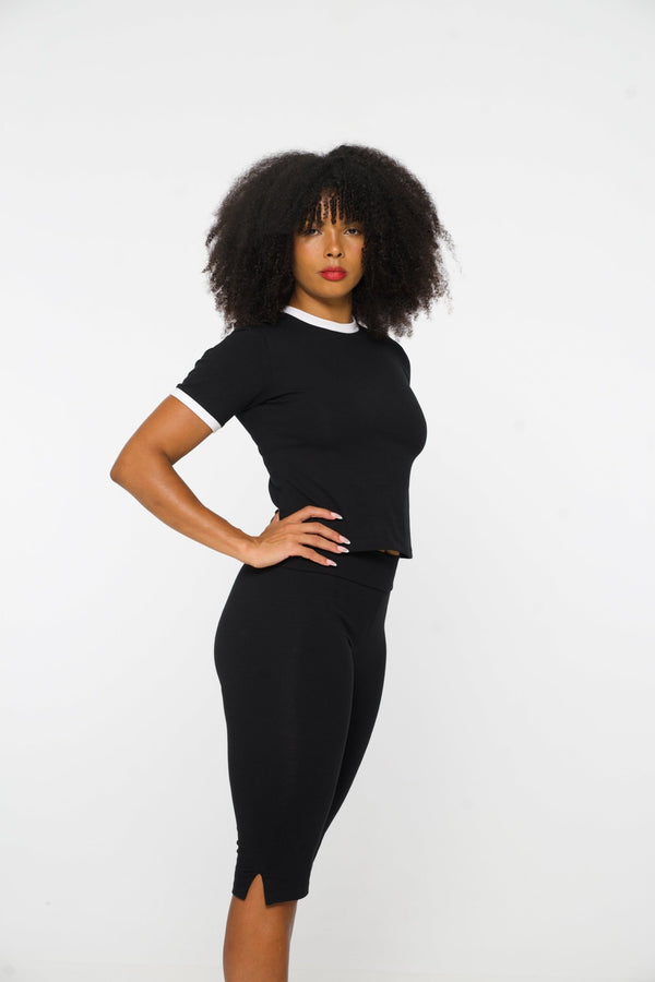 Core Tee Mid Crop Top in Black with White Rib - Manners London