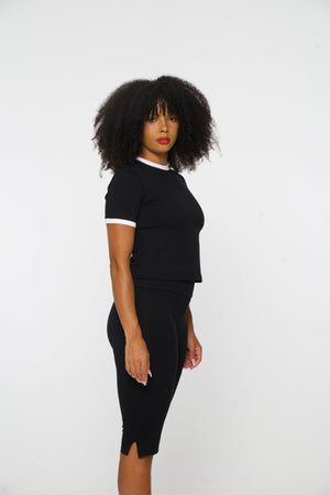 Core Tee Mid Crop Top in Black with White Rib - Manners London