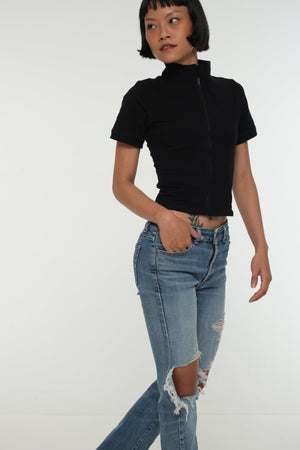 Core ZIP Mid Crop Tee in Black with black rib - Manners London