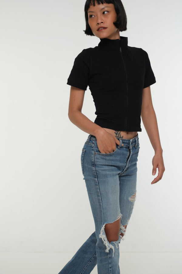 Core ZIP Mid Crop Tee in Black with black rib - Manners London