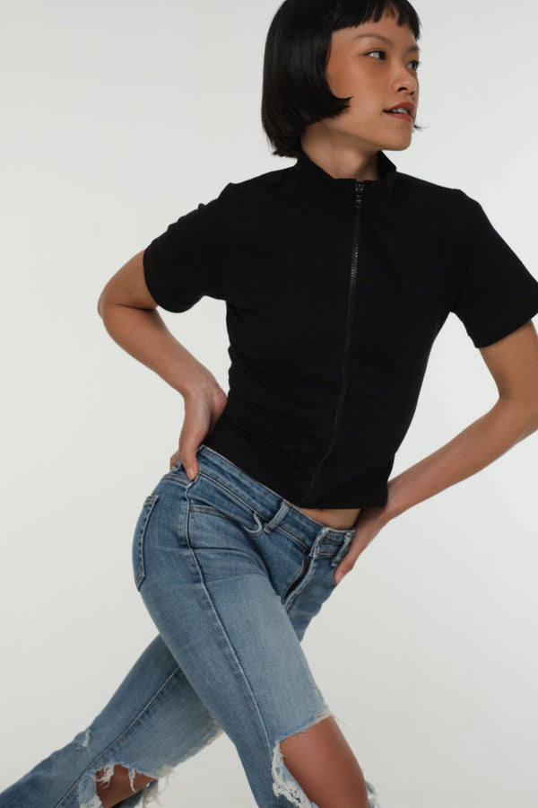Core ZIP Mid Crop Tee in Black with black rib - Manners London