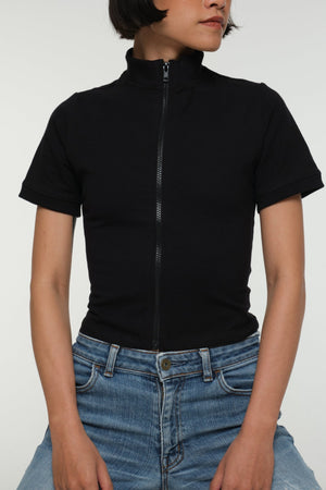 Core ZIP Mid Crop Tee in Black with black rib - Manners London