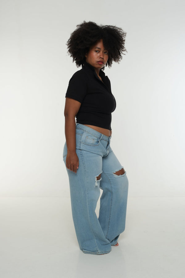Core ZIP Mid Crop Tee in Black with black rib - Manners London