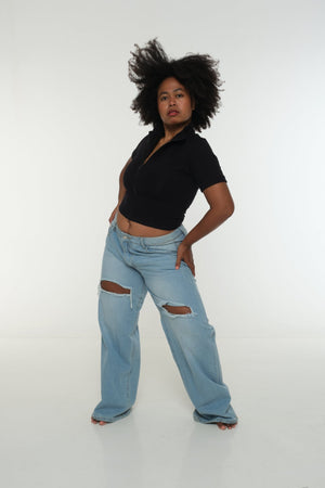 Core ZIP Mid Crop Tee in Black with black rib - Manners London