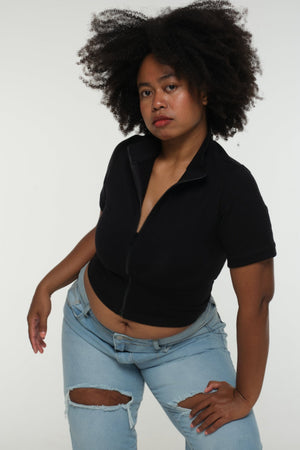 Core ZIP Mid Crop Tee in Black with black rib - Manners London