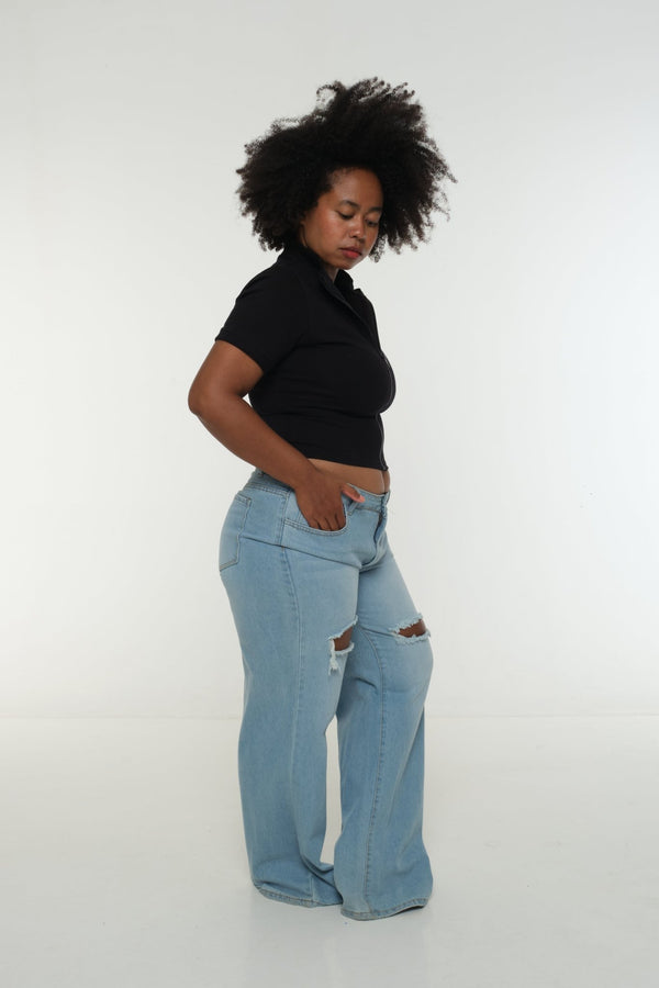 Core ZIP Mid Crop Tee in Black with black rib - Manners London