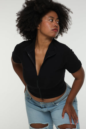Core ZIP Mid Crop Tee in Black with black rib - Manners London