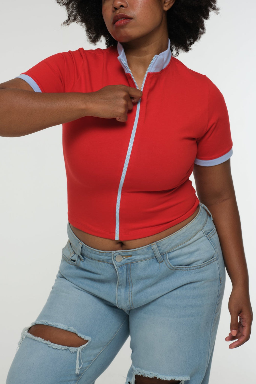 Core ZIP Mid Crop Tee in Red with pastel blue rib - Manners London