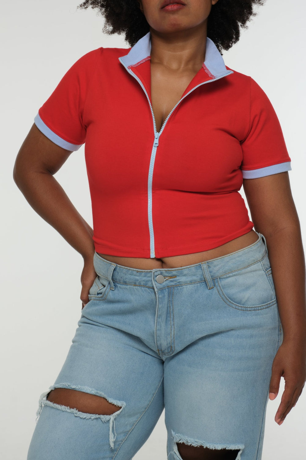 Core ZIP Mid Crop Tee in Red with pastel blue rib - Manners London
