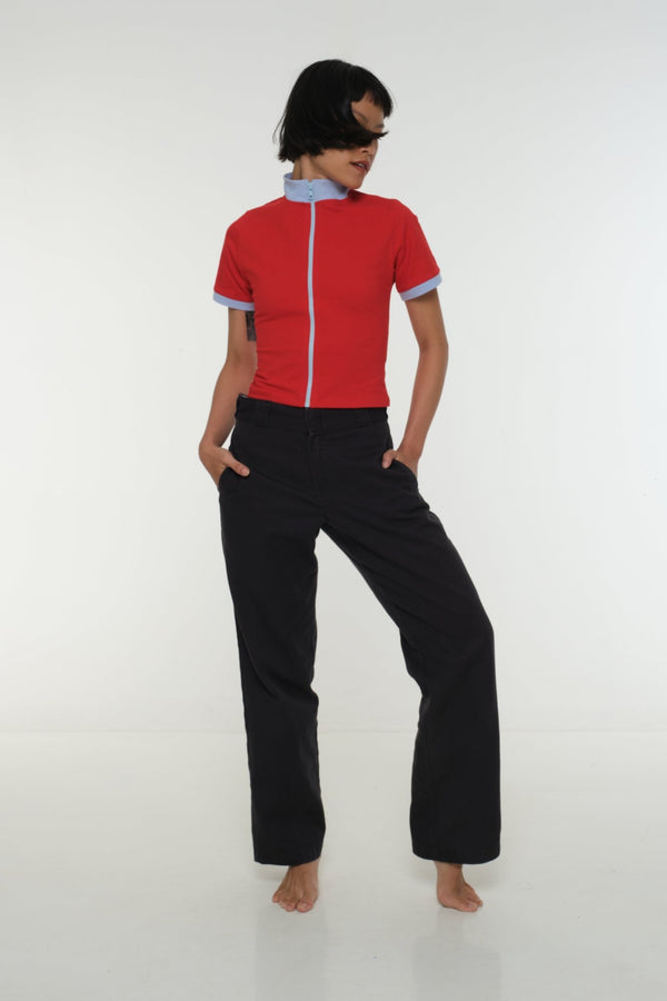 Core ZIP Mid Crop Tee in Red with pastel blue rib - Manners London