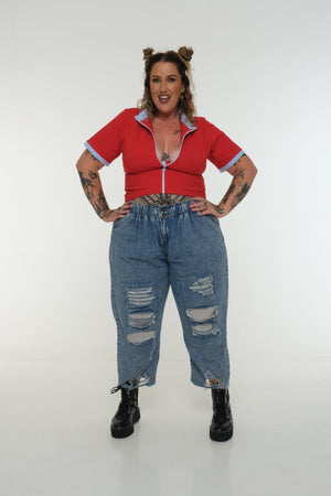 Core ZIP Mid Crop Tee in Red with pastel blue rib - Manners London