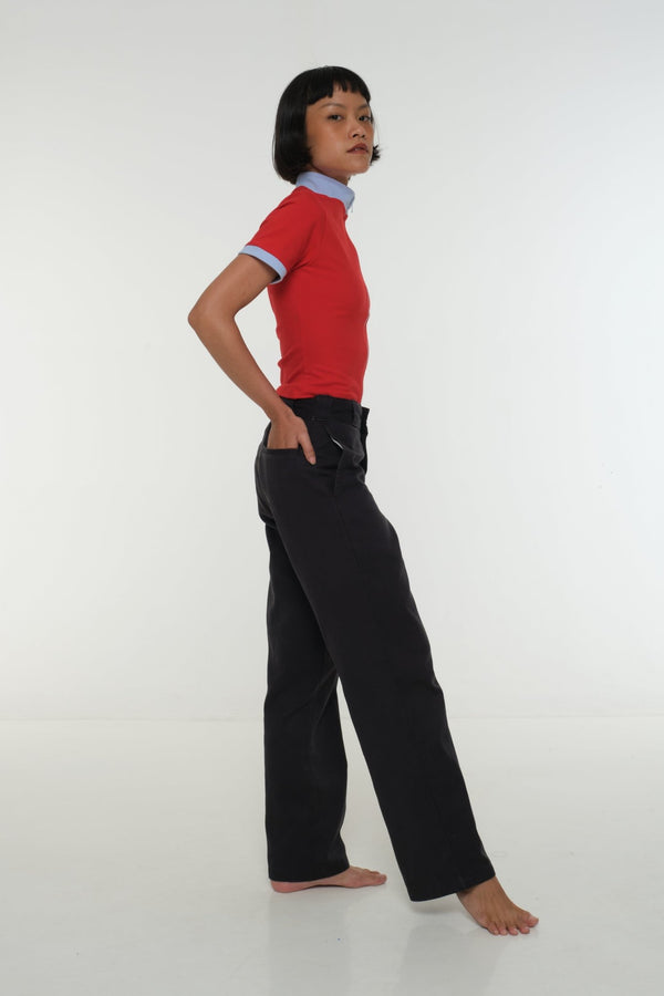Core ZIP Mid Crop Tee in Red with pastel blue rib - Manners London