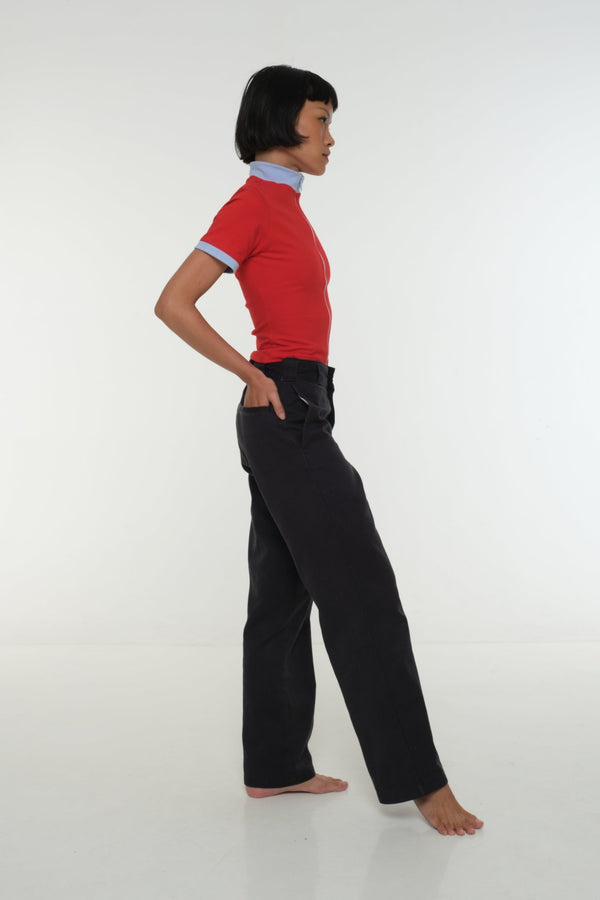 Core ZIP Mid Crop Tee in Red with pastel blue rib - Manners London