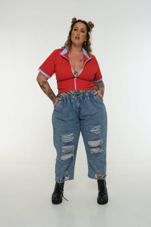 Core ZIP Mid Crop Tee in Red with pastel blue rib - Manners London