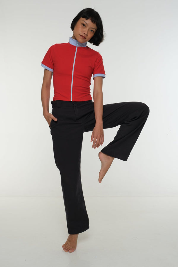 Core ZIP Mid Crop Tee in Red with pastel blue rib - Manners London