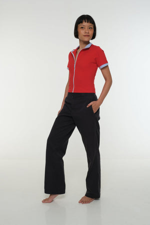 Core ZIP Mid Crop Tee in Red with pastel blue rib - Manners London