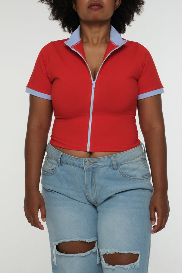 Core ZIP Mid Crop Tee in Red with pastel blue rib - Manners London