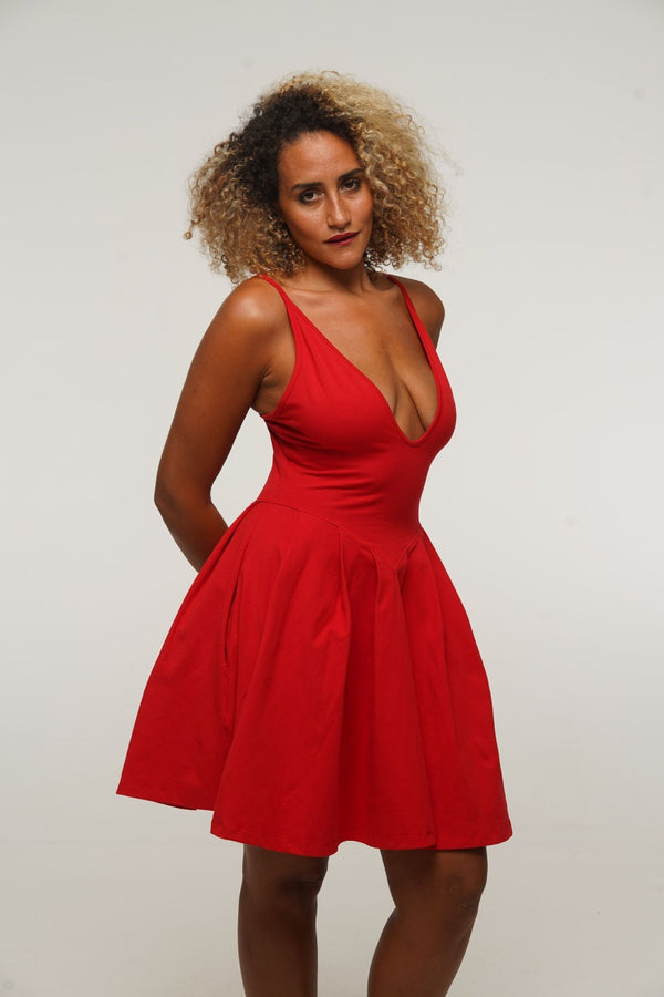 Corset Puff Dress Mini in Pomegranate Red (with pockets) - Manners London