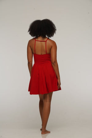 Corset Puff Dress Mini in Pomegranate Red (with pockets) - Manners London