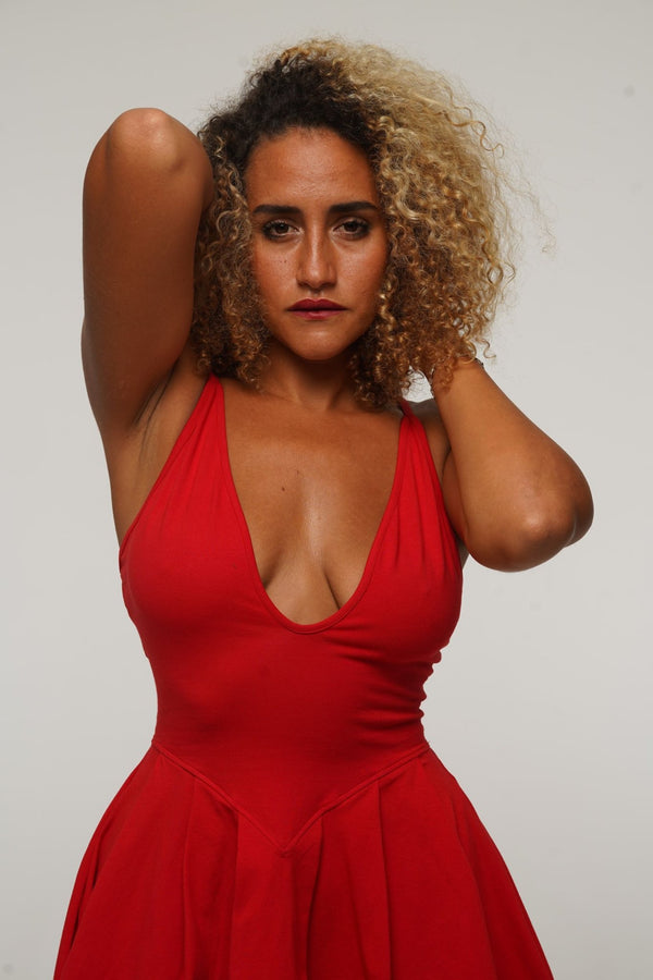 Corset Puff Dress Mini in Pomegranate Red (with pockets) - Manners London