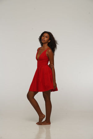 Corset Puff Dress Mini in Pomegranate Red (with pockets) - Manners London