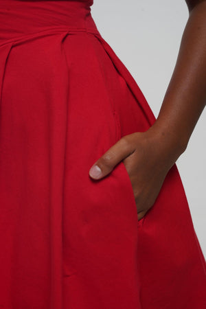 Corset Puff Dress Mini in Pomegranate Red (with pockets) - Manners London