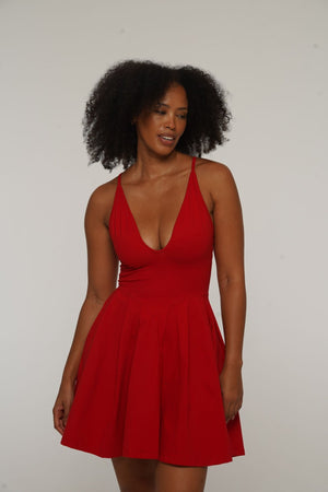 Corset Puff Dress Mini in Pomegranate Red (with pockets) - Manners London