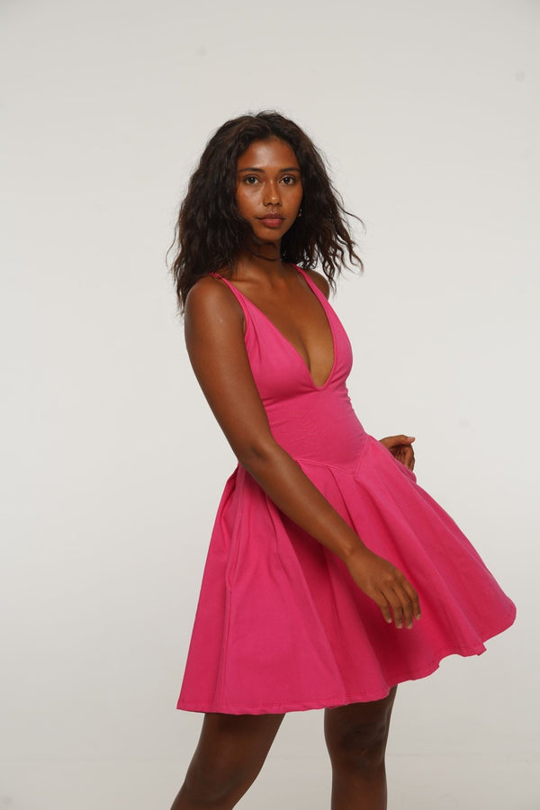 Corset Puff Dress Mini (with pockets) in Pink - Manners London