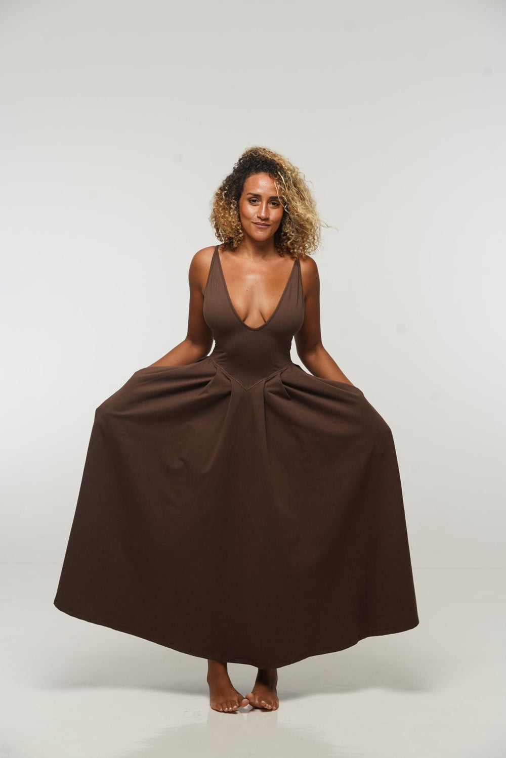 Corset Puff Maxi Dress (with pockets) in Chocolate Brown - Manners London