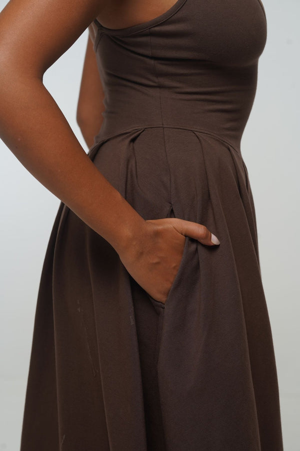 Corset Puff Maxi Dress (with pockets) in Chocolate Brown - Manners London