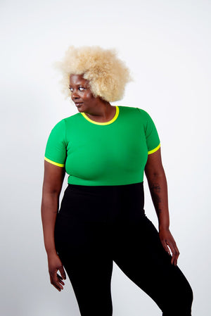 Crew Neck T-shirt in Full Length in Grass Green/Lime Green edging - Manners London