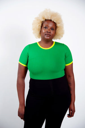 Crew Neck T-shirt in Full Length in Grass Green/Lime Green edging - Manners London