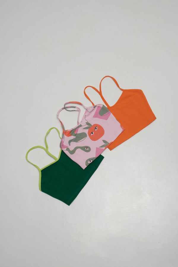 CROP VEST 3 PACK in Tangerine, Forbidden Fruit print and Grass Green/Lime - Manners London