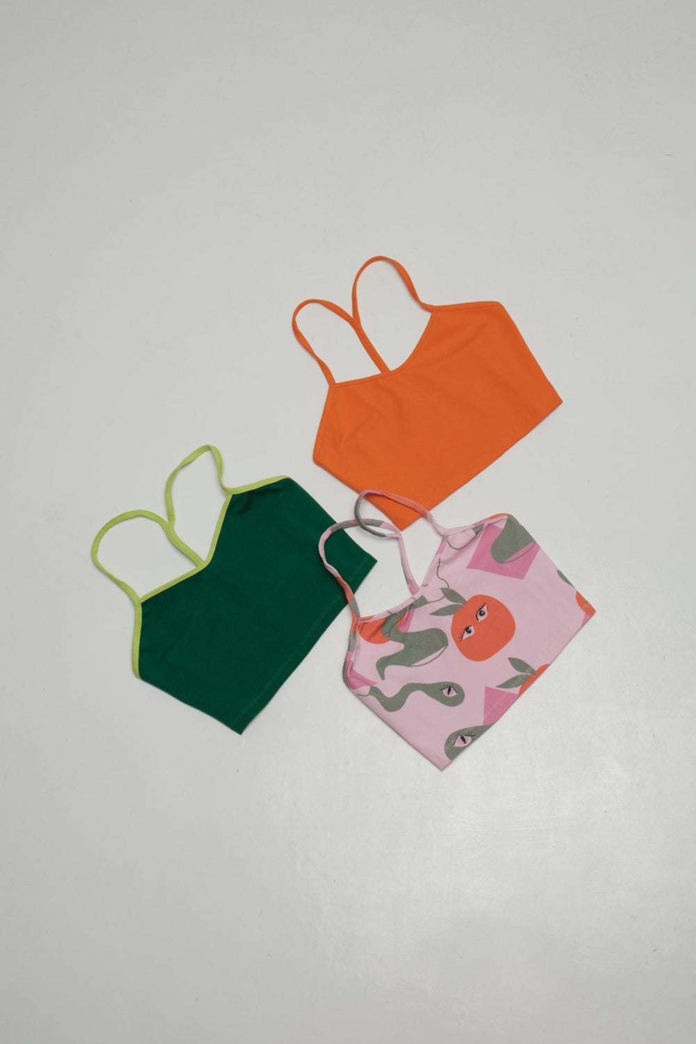 CROP VEST 3 PACK in Tangerine, Forbidden Fruit print and Grass Green/Lime - Manners London