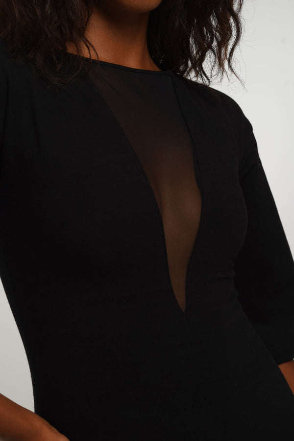 Deep V Mesh Midi Dress with Wide Sleeves in Black - Manners London
