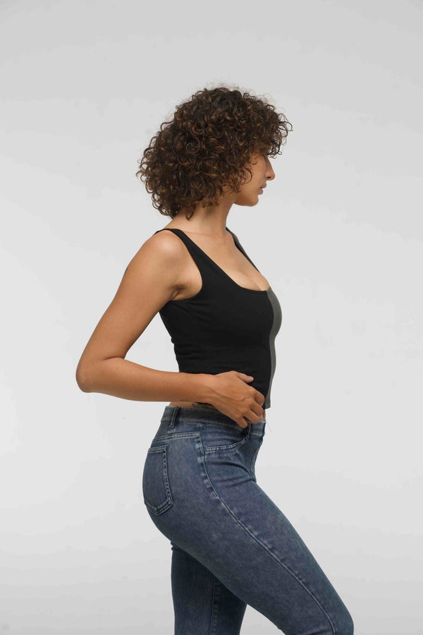 Half and Half New Square Neck Crop Top in Black/Grey - Manners London