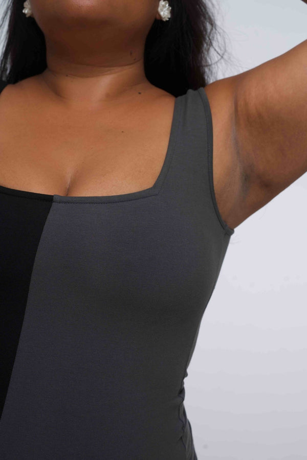 Half and Half New Square Neck Full Length Top in Black/Grey - Manners London