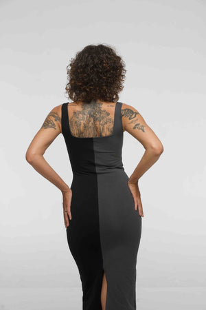 Half and Half Square Neck Midi Dress in Black/Grey - Manners London
