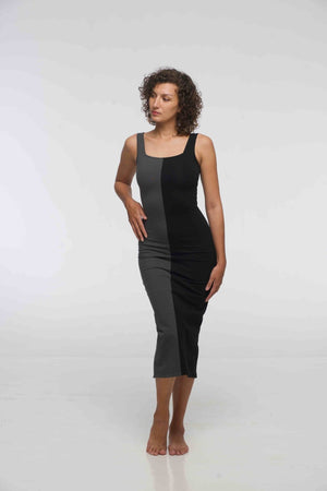 Half and Half Square Neck Midi Dress Petite in Black/Grey - Manners London