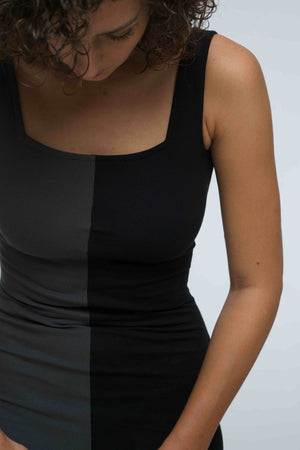 Half and Half Square Neck Midi Dress Petite in Black/Grey - Manners London