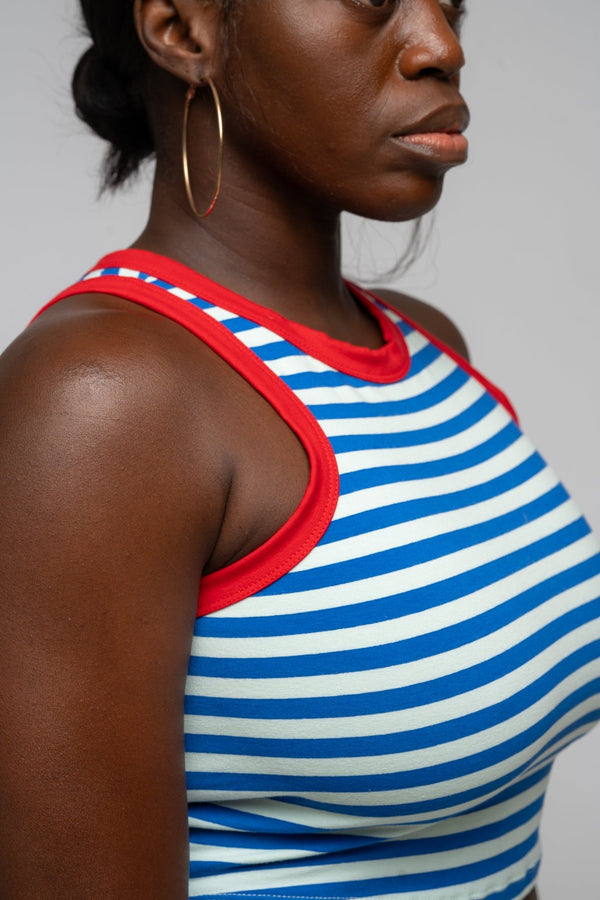 Iva Top Crop in Blue Mint Stripe / Red - Manners London