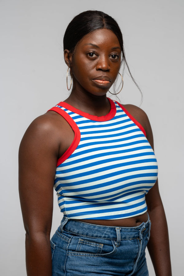 Iva Top Crop in Blue Mint Stripe / Red - Manners London