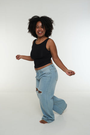 Iza Open Back Mid Crop Top in Black - Manners London
