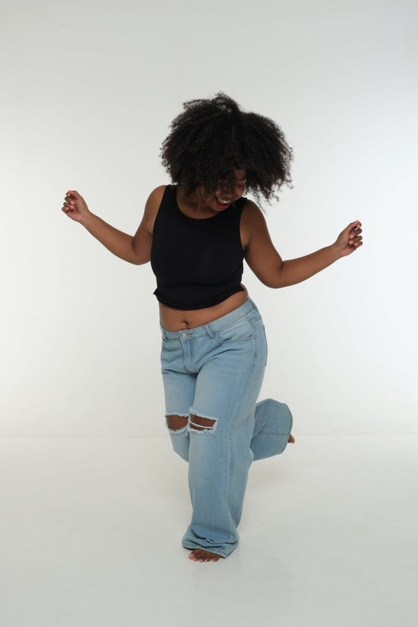 Iza Open Back Mid Crop Top in Black - Manners London