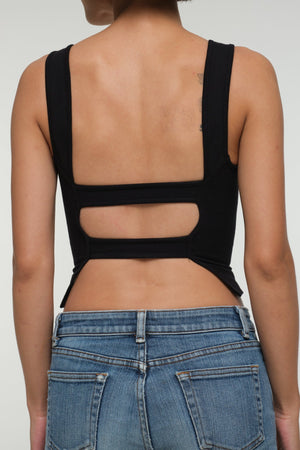 Iza Open Back Mid Crop Top in Black - Manners London