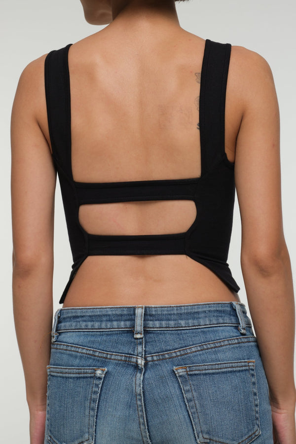 Iza Open Back Mid Crop Top in Black - Manners London