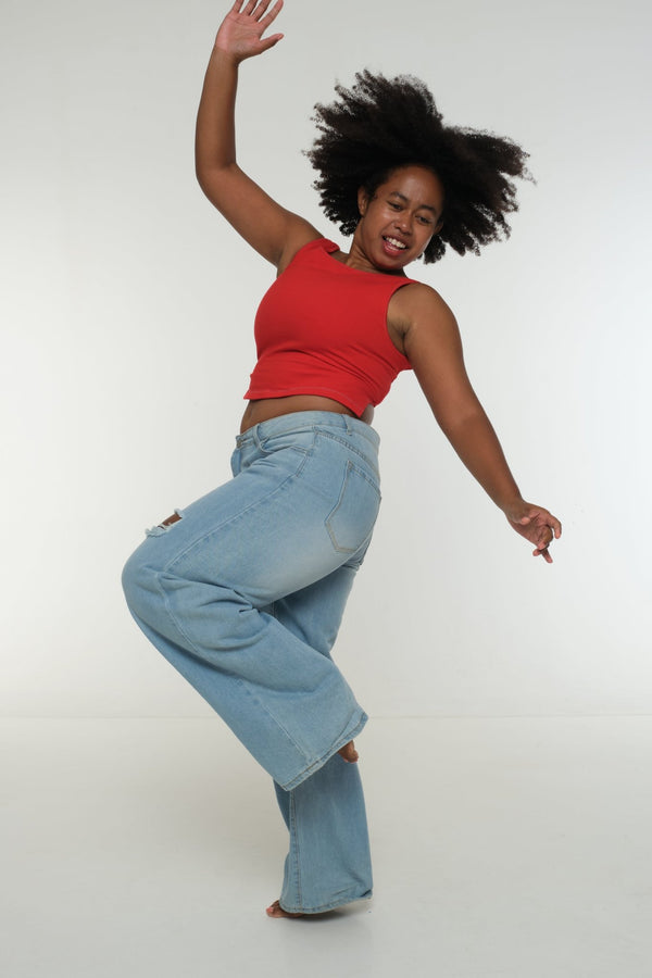 Iza Open Back Mid Crop Top in Red w/Pastel Blue stitching - Manners London