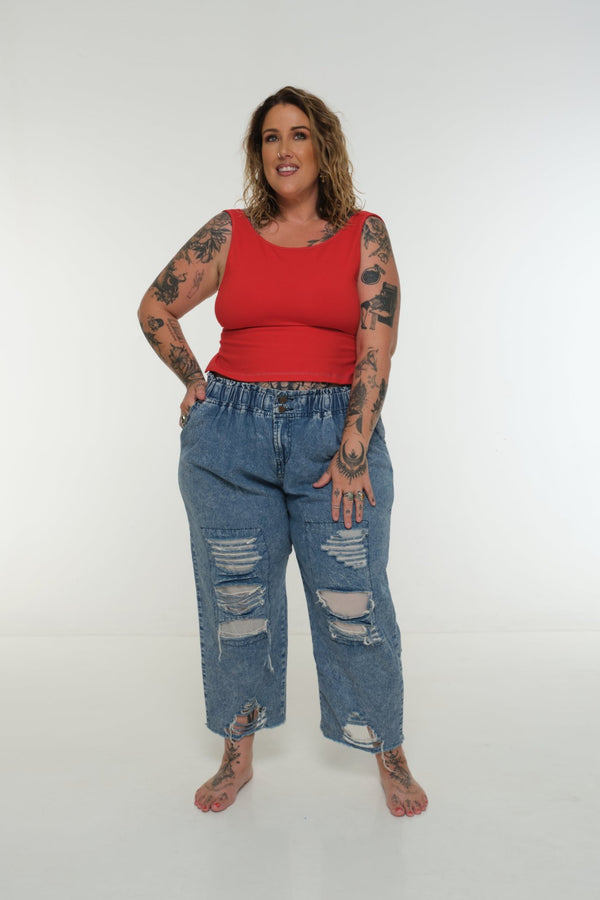 Iza Open Back Mid Crop Top in Red w/Pastel Blue stitching - Manners London